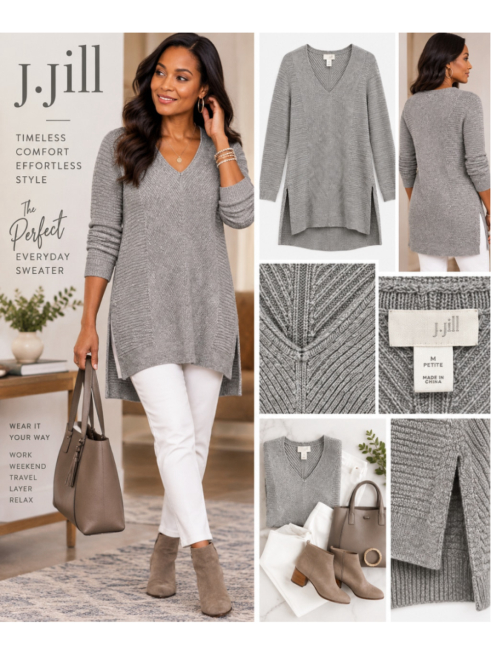 J.Jill Petite Gray V-Neck Textured Knit Tunic Sweater M Petite
